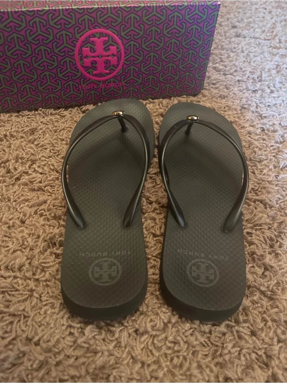 Tory Burch Black Logo Flip Flop Sandals size 9